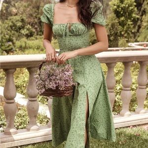 Puff Sleeve Ditsy Floral Tie Front High Slit Midi Dress - Green - Small